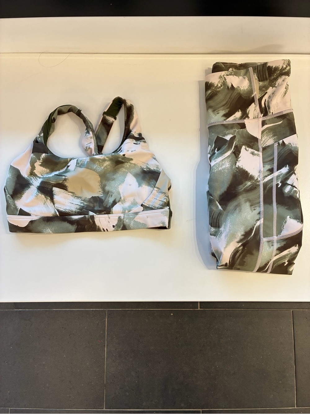 Athleta Olive Green & White Abstract Print Sports Bra and Legging Set